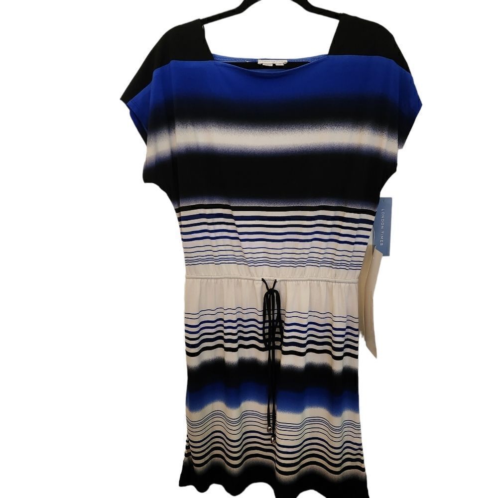 London Times Elastic Drawstring Waist Cap Sleeve Knee Length Dress Size 10